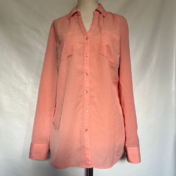 Talbot's Button Front Roll Tab Sleeve Womens Shirt Top Size Medium Peach V-Neck - Picture 13 of 13